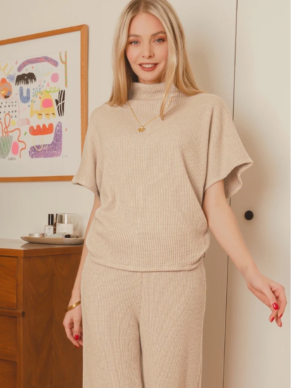 Zenana ✨Light mocha knit wide leg CowlNeck Short Sleeve Sweater set medium